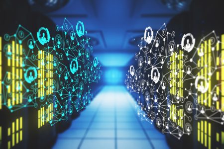 Abstract blurry server room with polygonal network. Technology concept. 3D Rendering